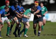 5 April 2012; Max McFarland, Ireland, is tackled by Steevy Ceequeira and Roman Hollet, right, France. U19 International, Ireland v France, Templeville Road, Dublin. Picture credit: Matt Browne / SPORTSFILE