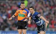 31 March 2012; Jonathan Sexton, Leinster, and referee Nigel Owens. Celtic League, Munster v Leinster, Thomond Park, Limerick. Picture credit: Diarmuid Greene / SPORTSFILE