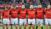 31 March 2012; Munster players, from left to right, Ronan O'Gara, Marcus Horan, Damien Varley, BJ Botha, Dave O'Callaghan and Felix Jones stand for a minute silence before the game in memory of the late Cyril Fitzgerald RIP, former Munster Branch President. Celtic League, Munster v Leinster, Thomond Park, Limerick. Picture credit: Diarmuid Greene / SPORTSFILE