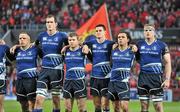 31 March 2012; Leinster players, from left to right, Heinke van der Merwe, Devin Toner, Gordon D'Arcy, Jonathan Sexton, Isa Nacewa and Jamie Heaslip stand for a minute silence before the game in memory of the late Cyril Fitzgerald RIP, former Munster Branch President. Celtic League, Munster v Leinster, Thomond Park, Limerick. Picture credit: Diarmuid Greene / SPORTSFILE