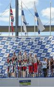 30 July 2017; The winning team, Esapekka Lappi and Janne Ferm of Finland, centre, along with second place team of Elfyn Evans of Wales and Daniel Barritt of Great Britain, left, and the third place team of Juho Hanninen and Kaj Lindström also of Finland stand for their national anthems after taking apart in the Neste Rally Finland in Jyvaskyla, Finland.  Photo by Philip Fitzpatrick/Sportsfile