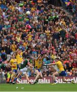 30 July 2017; Ronan Stack, 25, Niall McInerney and Fintan Cregg, right, of Roscommon, all fail to block Cillian O'Connorof Mayo attempting a kick at scoring a point, which ultimately went wide, in the last minute the GAA Football All-Ireland Senior Championship Quarter-Final match between Mayo and Roscommon at Croke Park in Dublin. Photo by Ray McManus/Sportsfile