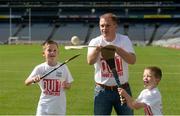 31 July 2017; In attendance is former Cork hurler and #hurlthehabit ambassador Joe Deane with his sons, Cormac Deane, age 9, left, and Eolann Deane, age 6, from Killeagh GAA, Co Cork, at the launch of the 2017 GAA Health & Wellbeing Theme Day, taking place on August 13th in Croke Park for the All Ireland Hurling Semi-final between Cork and Waterford. For more information, visit: www.gaa.ie/community Follow: @officialgaa or Like: www.facebook.com/officialgaa. Croke Park, in Dublin. Photo by Piaras Ó Mídheach/Sportsfile