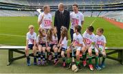 31 July 2017; In attendance are #hurlthehabit ambassadors, from left, former Cork hurler Joe Deane, former commentator Mícheál Ó Muircheartaigh, and former Waterford hurler Tony Browne, with children from the Killeagh GAA club, Co Cork, and St Colmcilles, GAA club, Co Meath, at the launch of the 2017 GAA Health & Wellbeing Theme Day, taking place on August 13th in Croke Park for the All Ireland Hurling Semi-final between Cork and Waterford. For more information, visit: www.gaa.ie/community Follow: @officialgaa or Like: www.facebook.com/officialgaa. Croke Park, in Dublin. Photo by Piaras Ó Mídheach/Sportsfile