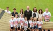 31 July 2017; In attendance are, from left, former Waterford hurler Tony Browne, Geraldine Cully, HSE, Helena O'Donnell, Irish Heart Foundation, Mícheál Ó Muircheartaigh, Martina Blake, HSE Lead for the Tobacco Free Programme, Sally Downing, HSE, former Cork hurler Joe Deane, with children from the Killeagh GAA club, Co Cork, and St Colmcilles, GAA club, Co Meath, at the launch of the 2017 GAA Health & Wellbeing Theme Day, taking place on August 13th in Croke Park for the All Ireland Hurling Semi-final between Cork and Waterford. For more information, visit: www.gaa.ie/community Follow: @officialgaa or Like: www.facebook.com/officialgaa. Croke Park, in Dublin. Photo by Piaras Ó Mídheach/Sportsfile