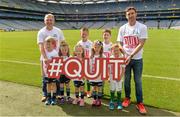 31 July 2017; In attendance are #hurlthehabit ambassadors, from left, former Cork hurler Joe Deane, and former Waterford hurler Tony Browne, with children, front row, from left, Conor McDonald, age 6, Allannah Lalor, age 5, Meabh McDonald, age 4, and Aoibhe Lalor, age 7, all from St Colmcilles, GAA club, Co Meath, and Eolann Deane, age 6, Killeagh GAA club, Co Cork. Back row, Cormac Deane, age 9, and Cathal McGrath, age 9, from Killeagh GAA club, Co Cork, at the launch of the 2017 GAA Health & Wellbeing Theme Day, taking place on August 13th in Croke Park for the All Ireland Hurling Semi-final between Cork and Waterford. For more information, visit: www.gaa.ie/community Follow: @officialgaa or Like: www.facebook.com/officialgaa. Croke Park, in Dublin. Photo by Piaras Ó Mídheach/Sportsfile