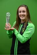 27 July 2017; Pictured is Lucy McCartan from Peamount United with the Continental Tyres Women's National League Player of the Month Award for June at the FAI HQ in Abbotstown, Dublin. Photo by Cody Glenn/Sportsfile