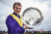 31 July 2017; Aubrey McMahon celebrates with the trophy after winning the Connacht Hotel (QR) Handicap on Whiskey Sour during the Galway Races Summer Festival 2017 at Ballybrit, in Galway. Photo by Cody Glenn/Sportsfile