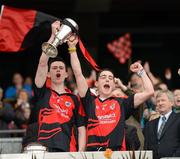 7 April 2012; The St. Mary's captain Conor McNamee, left, and corner back Sean Moriarity lift The Hogan Cup. All-Ireland Colleges Senior Football Championship Final, St. Marys, Edenderry, Co. Offaly v St. Michael's, Enniskillen, Co. Fermanagh, Croke Park, Dublin. Picture credit: Ray McManus / SPORTSFILE