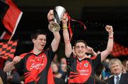 7 April 2012; The St. Mary's captain Conor McNamee, left, and corner back Sean Moriarity lift The Hogan Cup. All-Ireland Colleges Senior Football Championship Final, St. Marys, Edenderry, Co. Offaly v St. Michael's, Enniskillen, Co. Fermanagh, Croke Park, Dublin. Picture credit: Ray McManus / SPORTSFILE
