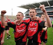 7 April 2012; St. Mary's players Mark Nolan, left, and Cian McMonagle celebrate victory. All-Ireland Colleges Senior Football Championship Final, St. Marys, Edenderry, Co. Offaly v St. Michael's, Enniskillen, Co. Fermanagh, Croke Park, Dublin. Picture credit: Ray McManus / SPORTSFILE