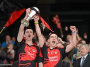 7 April 2012; The St. Mary's captain Conor McNamee, left, and corner back Sean Moriarity lift the Hogan Cup. All-Ireland Colleges Senior Football Championship Final, St. Marys, Edenderry, Co. Offaly v St. Michael's, Enniskillen, Co. Fermanagh, Croke Park, Dublin. Picture credit: Ray McManus / SPORTSFILE