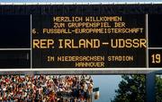15 June 1988; A general view of the scoreboard prior to the UEFA European Football Championship Finals Group B match between Republic of Ireland and USSR at the Niedersachen Stadium in Hanover, Germany. Photo by Ray McManus/Sportsfile