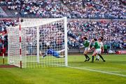 15 June 1988; Ray Houghton of Republic of Ireland, supported by team-mate John Aldridge, has an attempt on goal during the UEFA European Football Championship Finals Group B match between Republic of Ireland and USSR at the Niedersachen Stadium in Hanover, Germany. Photo by Ray McManus/Sportsfile