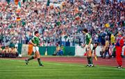 12 June 1988; Frank Stapleton of Republic of Ireland leaves the pitch to be substituted by team-mate Niall Quinn during the UEFA European Football Championship Finals Group B match between England and Republic of Ireland at Neckarstadion in Stuttgart, Germany. Photo by Ray McManus/Sportsfile