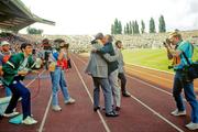 12 June 1988; Republic of Ireland manager Jack Charlton is hugged by assistant manager Maurice Setters after the UEFA European Football Championship Finals Group B match between England and Republic of Ireland at Neckarstadion in Stuttgart, Germany. Photo by Ray McManus/Sportsfile