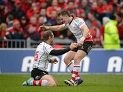 8 April 2012; Stefan Terblanche, left, and Craig Gilroy, Ulster, celebrate their side's victory at the final whistle. Heineken Cup Quarter-Final, Munster v Ulster, Thomond Park, Limerick. Picture credit: Stephen McCarthy / SPORTSFILE