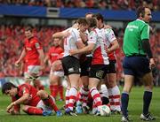 8 April 2012; Ulster players celebrate after Craig Gilroy, left, scored his side's try as Munster's Conor Murray picks himself up. Heineken Cup Quarter-Final, Munster v Ulster, Thomond Park, Limerick. Picture credit: Stephen McCarthy / SPORTSFILE