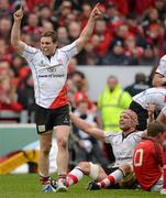 8 April 2012; Darren Cave, left, and Dan Tuohy, Ulster, celebrate at the final whistle. Heineken Cup Quarter-Final, Munster v Ulster, Thomond Park, Limerick. Picture credit: Stephen McCarthy / SPORTSFILE