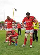 8 April 2012; Munster's Simon Zebo, left, Johne Murphy, centre, and David Wallace, show their disappointment after defeat to Ulster. Heineken Cup Quarter-Final, Munster v Ulster, Thomond Park, Limerick. Picture credit: Diarmuid Greene / SPORTSFILE