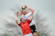 8 April 2012; Dan Tuohy, Ulster, wins possession for his side in a lineout ahead of Peter O'Mahony, Munster. Heineken Cup Quarter-Final, Munster v Ulster, Thomond Park, Limerick. Picture credit: Stephen McCarthy / SPORTSFILE