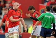 8 April 2012; Munster's Paul O'Connell in conversation with Referee Romain Poite during the game. Heineken Cup Quarter-Final, Munster v Ulster, Thomond Park, Limerick. Picture credit: Diarmuid Greene / SPORTSFILE