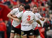 8 April 2012; Ulster players, from left, Pedrie Wannenburg, John Afoa and Paddy Wallace celebrate their side's victory. Heineken Cup Quarter-Final, Munster v Ulster, Thomond Park, Limerick. Picture credit: Stephen McCarthy / SPORTSFILE