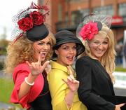 9 April 2012; Racegoers Sally O'Neill, Judy Conway and Lisa Jordan, from Ratoath, Co. Meath, at the Irish Grand National day meeting. Fairyhouse Racecourse, Co. Meath. Picture credit: Ray McManus / SPORTSFILE