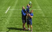 2 August 2017; Devin Toner, left, and Josh Van der Flier of Leinster pictured with Elaine Hickey during a Bank of Ireland Leinster Rugby Summer Camp at Donnybrook Stadium in Donnybrook, Dublin. Photo by David Fitzgerald/Sportsfile