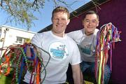 11 April 2012; Rugby legend Malcolm O’Kelly is joined by former Dublin Star Jason Sherlock, right, encouraging schools, sports clubs and business to log onto www.funkyfeet.ie and register to sell brightly coloured fun laces for Funky Feet Friday – May 11th, all in aid of Cappagh National Orthopaedic Hospital. Cappagh National Orthopaedic Hospital, Finglas, Dublin. Picture credit: David Maher / SPORTSFILE