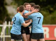 9 April 2012; Jamie Glynn, centre, UCD, is congratulated by team-mates after scoring his side's second try. Fraser McMullen All-Ireland Under 21 Cup Final, UCD v Old Belvedere, Lakelands Park, Terenure, Dublin. Photo by Sportsfile