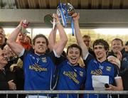 11 April 2012; Nigel Brady, left, Conor Moynagh and Barry Reilly, right, Cavan lift the Irish News cup. Cadbury Ulster GAA Football Under 21 Championship Final, Tyrone v Cavan, Brewster Park, Enniskillen, Co. Fermanagh. Picture credit: Oliver McVeigh / SPORTSFILE