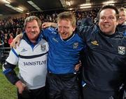 11 April 2012; Cavan manager Terry Hyland, left, celebrates with Joe McCarthy and Simon Gaffney at the final whistle. Cadbury Ulster GAA Football Under 21 Championship Final, Tyrone v Cavan, Brewster Park, Enniskillen, Co. Fermanagh. Picture credit: Oliver McVeigh / SPORTSFILE