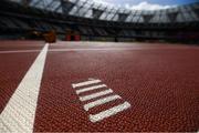 3 August 2017; A detailed view of the 100m start line marking ahead of the start of the 16th IAAF World Athletics Championships at the London Stadium in London, England. Photo by Stephen McCarthy/Sportsfile