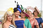 3 August 2017; Racegoers, from left, Jenny Grogan-Browne, from Swords, Co Dublin, Fiona Faherty, from Moycullen, Co Galway, Olivia Sampson, from Lusk, Co Dublin, Kate Molloy, from Clare, Co Galway, and Grainne O'Brien, from Moycullen, Co Galway, pictured at Ladies' Day during the Galway Races Summer Festival 2017 at Ballybrit, in Galway. Photo by Cody Glenn/Sportsfile