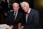 4 August 2017; The Association of Sports Journalists in Ireland hosted a luncheon to celebrate the start of Ireland's three-in-a- row Aga Khan Cup wins in 1977. Pictured at the event is former chef d'equipe Col Bill Ringrose being presented with his medal by ASJI President Peter Byrne, at the Croke Park Hotel, Jone’s Road, Dublin. Photo by Sam Barnes/Sportsfile