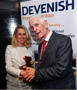 4 August 2017; The Association of Sports Journalists in Ireland hosted a luncheon to celebrate the start of Ireland's three-in-a- row Aga Khan Cup wins in 1977. Pictured at the event is Louise Daly, daughter of chef d'equipe Sean Daly,  is presented with a medal on behalf of her father, by ASJI President Peter Byrne, at the Croke Park Hotel, Jone’s Road, Dublin. Photo by Sam Barnes/Sportsfile