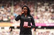 4 August 2017; Francena McCorory of The United States receives her reallocated bronze medal from the womens 400m final at the 2011 Daegu Championships during day one of the 16th IAAF World Athletics Championships at the London Stadium in London, England. Photo by Stephen McCarthy/Sportsfile