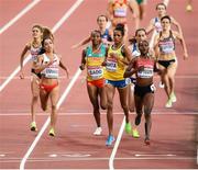 4 August 2017; Faith Chepngetich Kipyegon of Kenya leads the atheltes at the finish line, from second place Meral Bahta of Sweden, in round one of the Women's 1500m event during day one of the 16th IAAF World Athletics Championships at the London Stadium in London, England. Photo by Stephen McCarthy/Sportsfile
