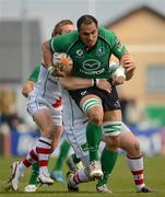 14 April 2012; George Naoupu, Connacht, is tackled by Tom Court and Paul Marshall, left, Ulster. Celtic League, Connacht v Ulster, Sportsground, Galway. Picture credit: Barry Cregg / SPORTSFILE