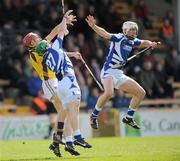 15 April 2012; Cahir Healy and Michael McEvoy, right, Laois, in action against Paul Morris, Wexford. Allianz Hurling League Division 1B Relegtion Play-off, Wexford v Laois, Nowlan Park, Kilkenny. Picture credit: Brian Lawless / SPORTSFILE