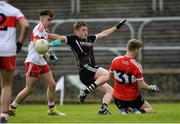 5 August 2017; Karl McKenna of Sligo has his shot saved by Oran Martin of Derry during the Electric Ireland All-Ireland GAA Football Minor Championship Quarter-Final match between Derry and Sligo at Mac Cumhaill Park in Ballybofey, Donegal. Photo by Oliver McVeigh/Sportsfile