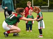 5 August 2017; Noirin Moran of Mayo in conversation with Mayo supporter Lauren Mangan, aged 3, from Crossmolina, Co. Mayo, after the the TG4 All Ireland Senior Championship - Qualifier 4 match between Mayo and Kildare at Duggan Park in Ballinasloe, Co. Galway. Photo by Diarmuid Greene/Sportsfile