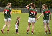 5 August 2017; Mayo supporter Lauren Mangan, aged 3, from Crossmolina, Co. Mayo, joins in with the Mayo team cool-down along with players Nicola O'Malley, Noirin Moran, and Aileen Gilroy after the the TG4 All Ireland Senior Championship - Qualifier 4 match between Mayo and Kildare at Duggan Park in Ballinasloe, Co. Galway. Photo by Diarmuid Greene/Sportsfile