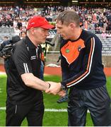 5 August 2017; Tyrone manager Mickey Harte shakes hands with Armagh manager Kieran McGeeney following the GAA Football All-Ireland Senior Championship Quarter-Final match between Tyrone and Armagh at Croke Park in Dublin. Photo by Ramsey Cardy/Sportsfile