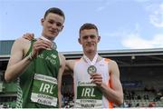 5 August 2017; Under 16 boys winner Iarlaith Golding of Ireland, left, with second placed Cian O'Connell of the Ireland Development Team during the Celtic Games Track and Field at Morton Stadium in Santry, Dublin. Photo by Tomás Greally/Sportsfile