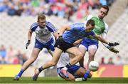5 August 2017; Dean Rock of Dublin is tackled by Colin Walshe, left, Drew Wylie, centre, and Rory Beggan of Monaghan during the GAA Football All-Ireland Senior Championship Quarter-Final match between Dublin and Monaghan at Croke Park in Dublin. Photo by Ramsey Cardy/Sportsfile