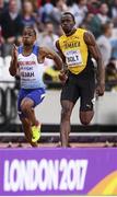 5 August 2017; Usain Bolt of Jamaica, right, and Chijindu Ujah of Great Britain competes in the semi-final of the Men's 100m event during day two of the 16th IAAF World Athletics Championships at the London Stadium in London, England. Photo by Stephen McCarthy/Sportsfile
