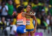 5 August 2017; Meraf Bahta of Sweden, right, and Sifan Hassan of the Netherlands following the semi-final of the Women's 1500m event during day two of the 16th IAAF World Athletics Championships at the London Stadium in London, England. Photo by Stephen McCarthy/Sportsfile