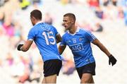 5 August 2017; Dean Rock of Dublin is congratulated by Paul Mannion after scoring his side's first goal during the GAA Football All-Ireland Senior Championship Quarter-Final match between Dublin and Monaghan at Croke Park in Dublin. Photo by Ramsey Cardy/Sportsfile